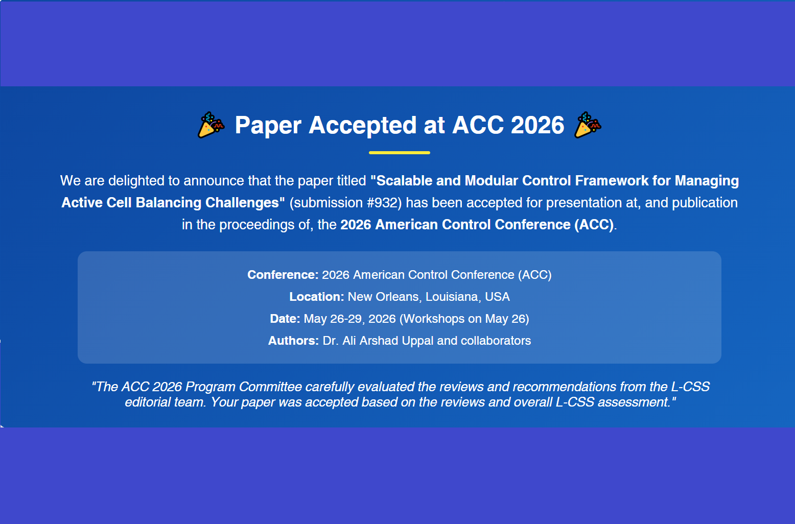 📜 Paper Accepted: American Control Conference 2026